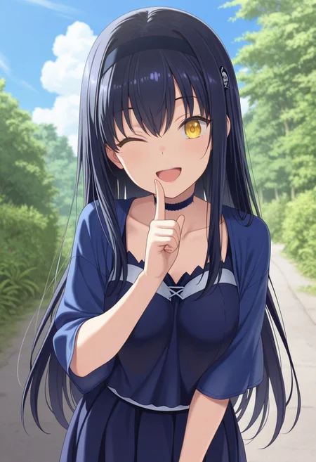 masterpiece,best quality,amazing quality, kushima kamome, long hair, black hair, yellow eyes, one eye closed, 1girl, solo, smile, open mouth, hairband, outdoors, choker, day, finger to mouth, sky, ;d, collarbone, index finger raised