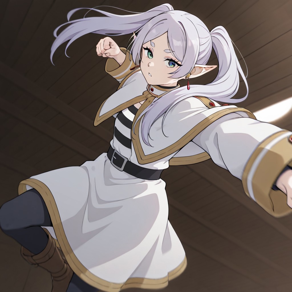 masterpiece, best quality, newest, absurdres, highres, 
MPPV1.0, incoming attack, incoming punch, midair, 
1girl, frieren, elf, pointy ears, pigtails, white robe,