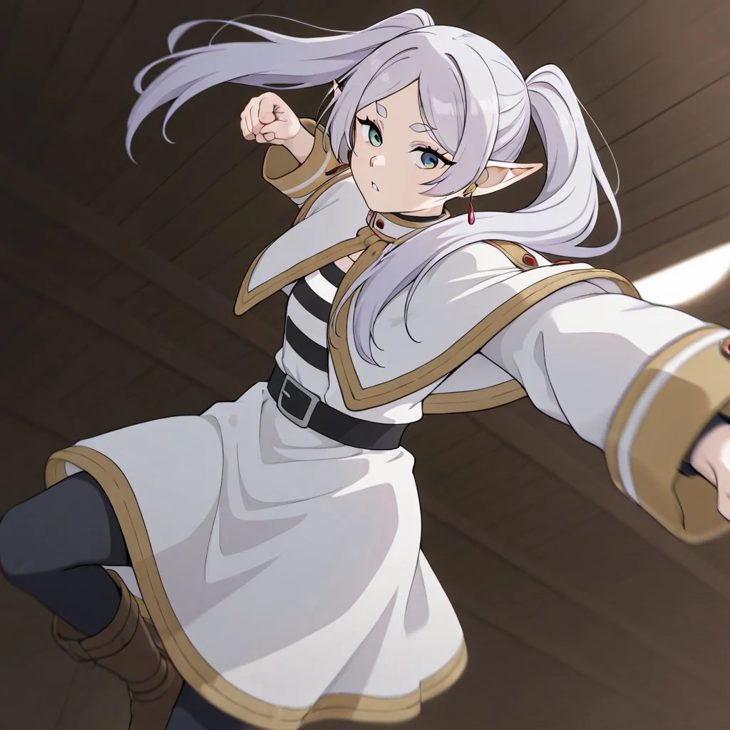 masterpiece, best quality, newest, absurdres, highres, 
MPPV1.0, incoming attack, incoming punch, midair, 
1girl, frieren, elf, pointy ears, pigtails, white robe,
