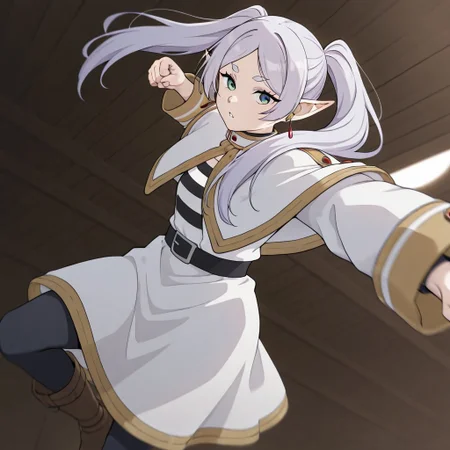 masterpiece, best quality, newest, absurdres, highres,
MPPV1.0, incoming attack, incoming punch, midair,
1girl, frieren, elf, pointy ears, pigtails, white robe,