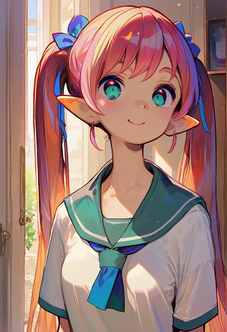 ((masterpiece,best quality)), absurdres, BREAK, score_9, score_8_up, score_7_up, score_6_up, 8k, hires,1girl, beautiful girl, kawaii girl, cute face, pose, high contrast, dramatic shadows, highly detailed, detailed skin, depth of field, shadows, hair bangs, very long hair, red hair, ponytails, twintails, twin tails, blue ribbons, small breasts, young, petite, elf, smiling, sailor uniform, aqua eyes, green school uniform, hallway, school, <lora:add-detail-xl:3>