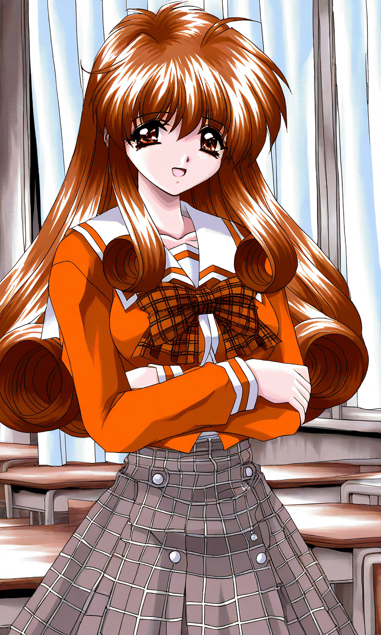 general,highres, ultra-detailed,very aesthetic,best quality ,best hands, BREAK <lora:Ichijo_Serika_Ver2.0_Akumu_AoiKajitsunoSange_IS:1>
Ichijo_Serika, 1girl, solo, long hair, curly hair, brown hair, brown eyes, medium breasts, sidelocks,
open mouth, curly hair, light smile, orange school uniform, ribbon, white+gray skirt, outdoors, crossed arms, check skirt, plaid bow, long sleeves, serafuku, School, class room, curtain.