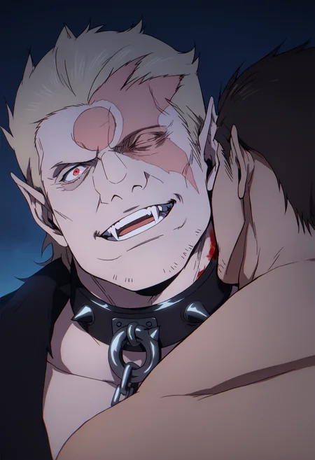 (((2boys))), solo_focus, Nikolai_castlevanianocturne, blonde hair, red eyes, stubble, slicked back hair, left eye closed, spiked collar, scar on face, (circle_scar_on_forehead), pointy ear, black coat, bare chest, veiny arms, score_8_up, score_7_up, score_6_up, score_9_up, muscular, (stocky_body), (big muscule), big arm, middle-age man , a man sitting on ground in forest, (((another man face on neck from behind))), (((bite_neck))),  night,  centered, looking away, face_focus, detailed eyes, 8k uhd, high quality, anime color, front view, from above, smile, happy, top down view, (((head_tilt))), face_focus,open mouth, fang, blood on neck