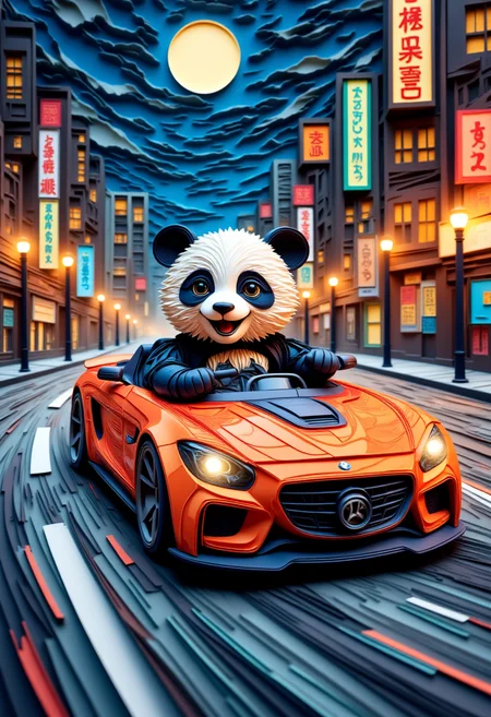 A paper quilling, layered paper portrayal of a panda driving a sports car, racing through a vibrant city at high speed, with colorful streaks of light and the urban skyline adding energy to the nighttime adventure.