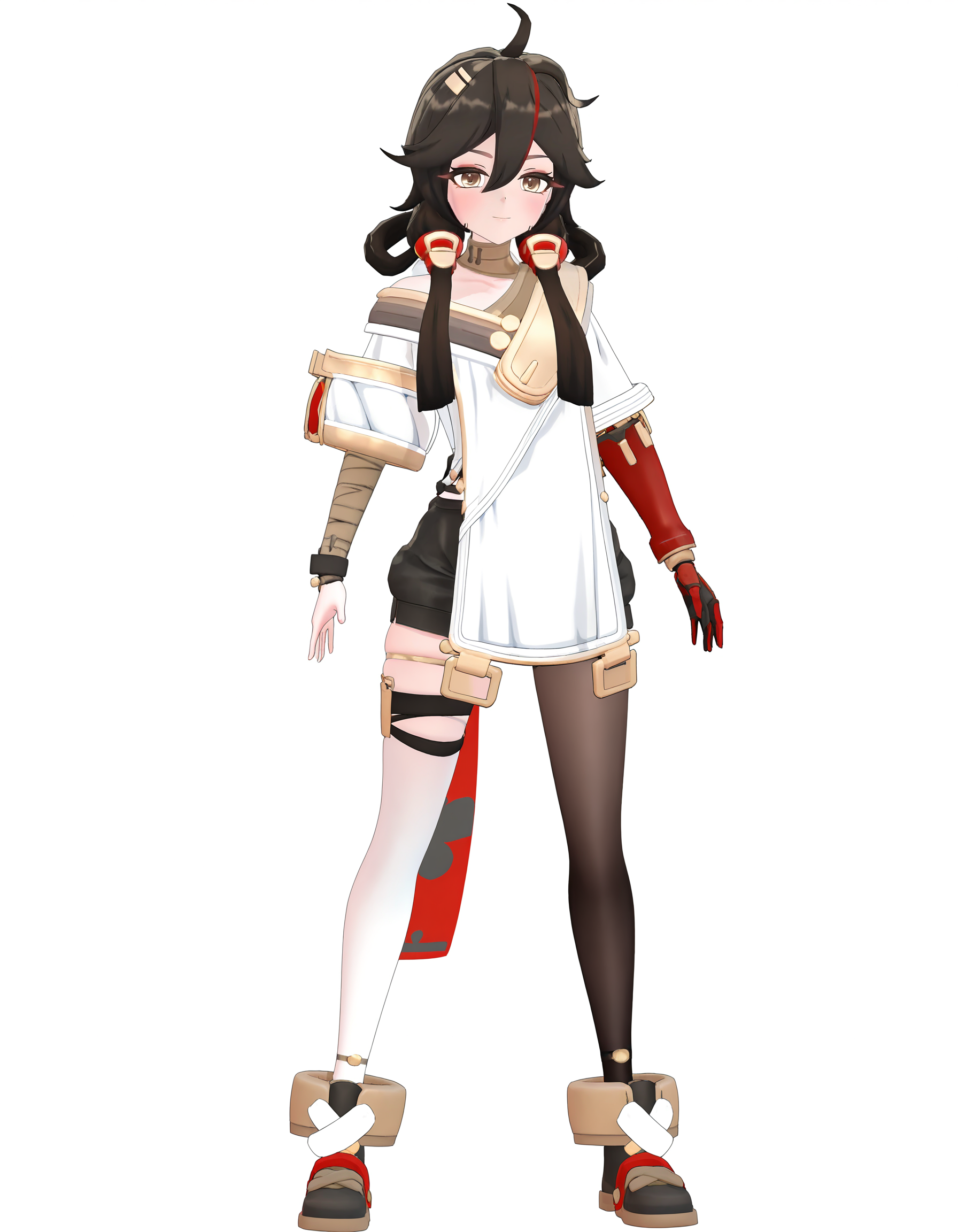 <lora:changan_noob:0.9>,3dchangan,huanxing-changan,1girl,solo,thighhighs,white background,looking at viewer,full body,simple background,black hair,long hair,bandages,brown eyes,hair between eyes,bangs,closed mouth,standing,ahoge,smile,single thighhigh,bandaged arm,brown hair,
masterpiece,best quality,very aesthetic,absurdres,