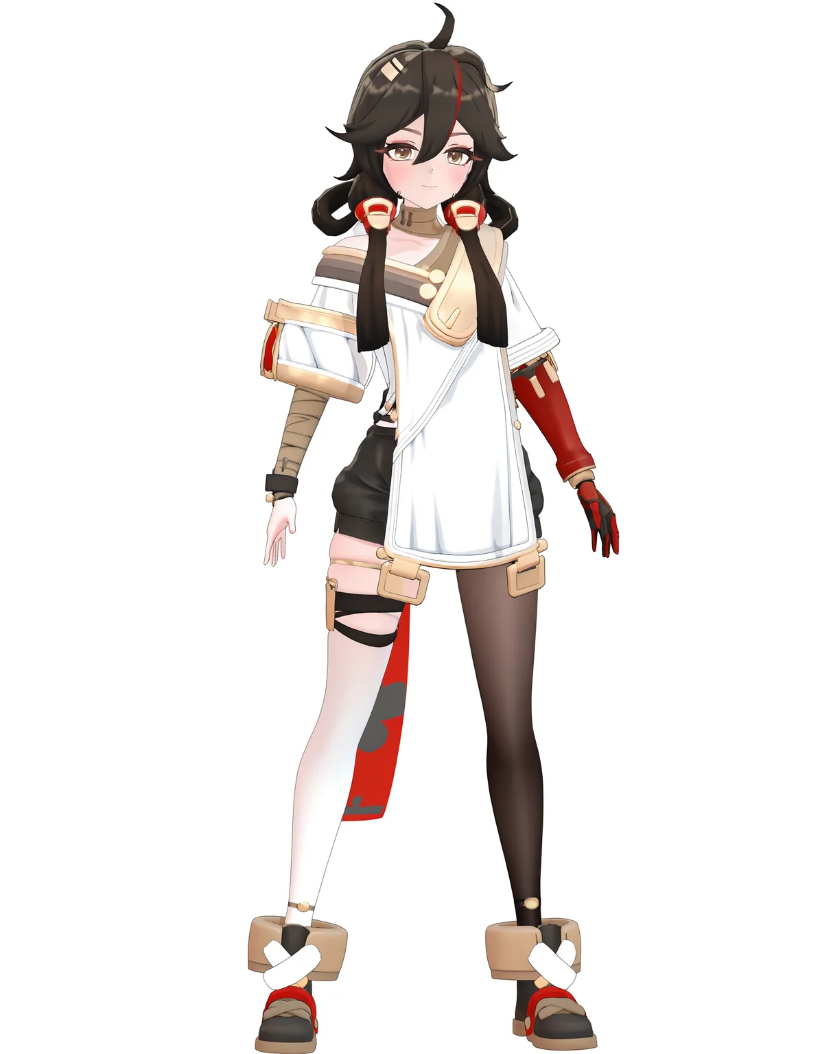 <lora:changan_noob:0.9>,3dchangan,huanxing-changan,1girl,solo,thighhighs,white background,looking at viewer,full body,simple background,black hair,long hair,bandages,brown eyes,hair between eyes,bangs,closed mouth,standing,ahoge,smile,single thighhigh,bandaged arm,brown hair,
masterpiece,best quality,very aesthetic,absurdres,