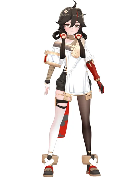 <lora:changan_noob:0.9>,3dchangan,huanxing-changan,1girl,solo,thighhighs,white background,looking at viewer,full body,simple background,black hair,long hair,bandages,brown eyes,hair between eyes,bangs,closed mouth,standing,ahoge,smile,single thighhigh,bandaged arm,brown hair,
masterpiece,best quality,very aesthetic,absurdres,