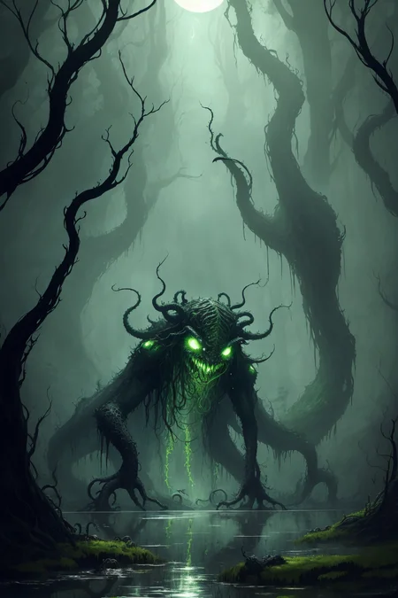 dark swamp eldritch monster rising out of the water moss slime vines tentacles fireflies midnight moonlight backlight (masterpiece:1.2) (illustration:1.2) (best quality) (detailed) (intricate) (8k) (HDR) (wallpaper) (cinematic lighting) (sharp focus)