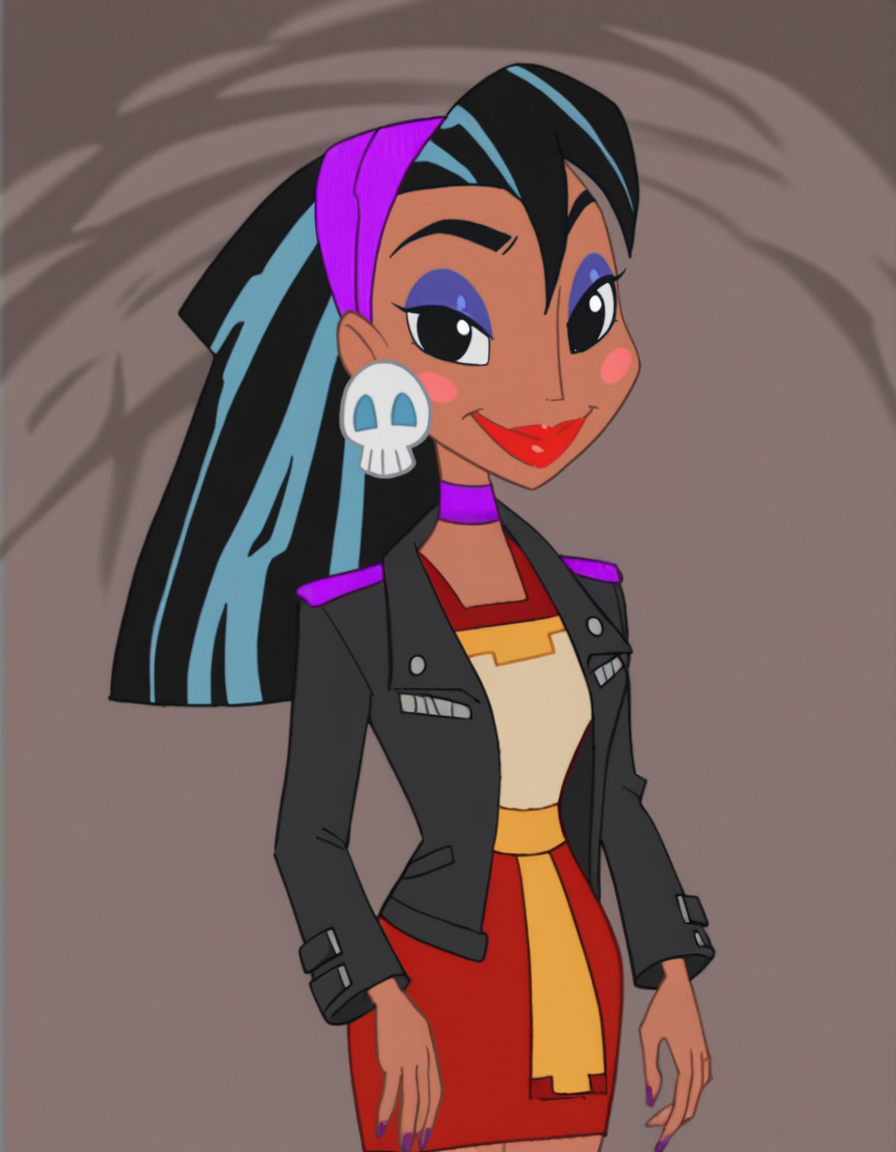 <lora:MalinaIllustrious1.0JLFO:1> malina, 1girl, earrings, jewelry, solo, dark skin, black hair, dark-skinned female, makeup, lipstick, smile, multicolored hair, choker, blush stickers, jacket, eyeshadow, long hair, two-tone hair, black jacket, black eyes, hairband, goth,cowboy shot, looking at viewer, skirt,