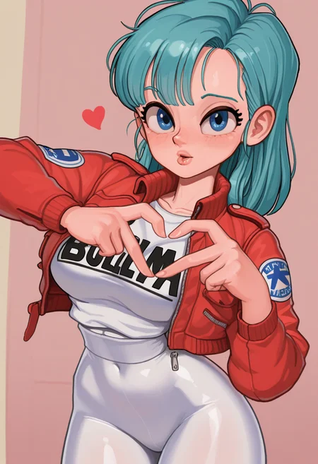 r1f13style, masterpiece, best quality, solo, bulma, blue hair, blue eyes, red jacket, white spandex, heart hand, pucker lips