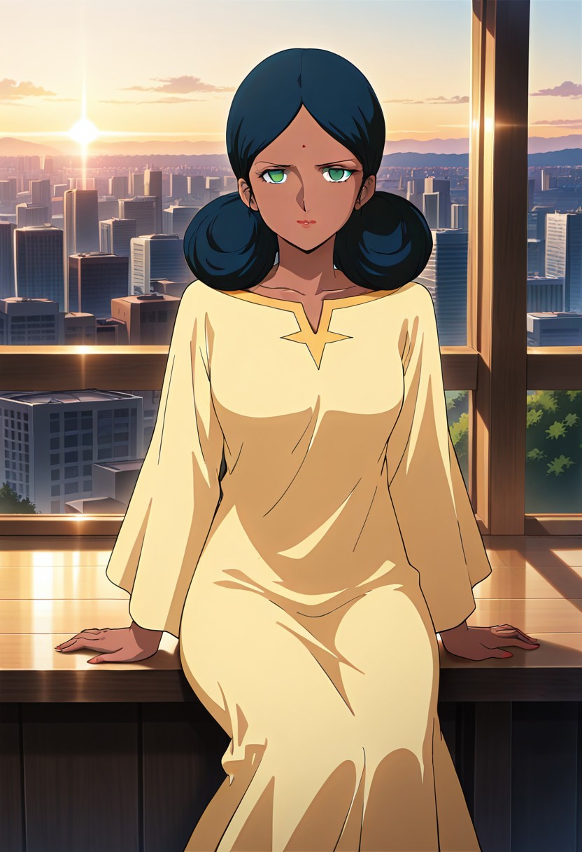 ((masterpiece, absurdres)), best quality, amazing quality, newest, 4k, anime coloring, very aesthetic, ray tracing, Smooth Quality, CG, source_anime,
city view,lalah, 1 female, dark skin, double bun hairstyle, blue hair, green eyes, red lips, forehead mark, yellow long dress,sitting