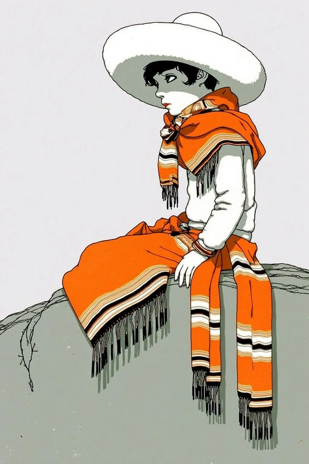 ernestogarciacabral1 illustration.
A boy sits on a rock wearing a large white sombrero, an orange garment with patterns, and a matching orange scarf with black and white stripes. <lora:ernestogarciacabral1_cap_d6a3:1.0><lora:849836486114190474:0>