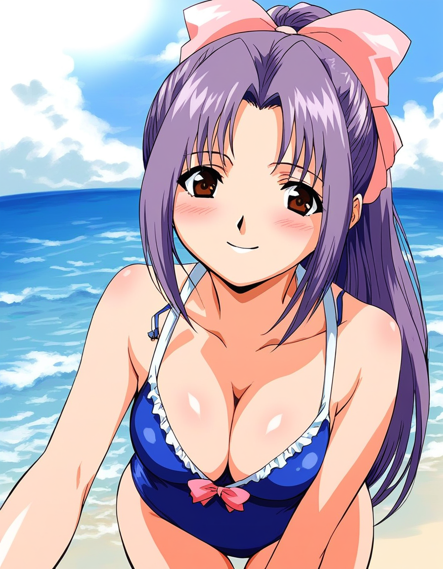 score_9, score_8_up, score_7_up, source_anime, rating_explicit, BREAK  <lora:Koigakubo_Momoko_Ver2_XL:1> koigakuboMomoko, purple hair, long hair, hair bow, brown eyes, ponytail, pink bow, smile, solo, looking at viewer,
blush,   swimsuit, summer, beach, sea, cowboy shot,  breasts, cleavage,
sky, outdoor,