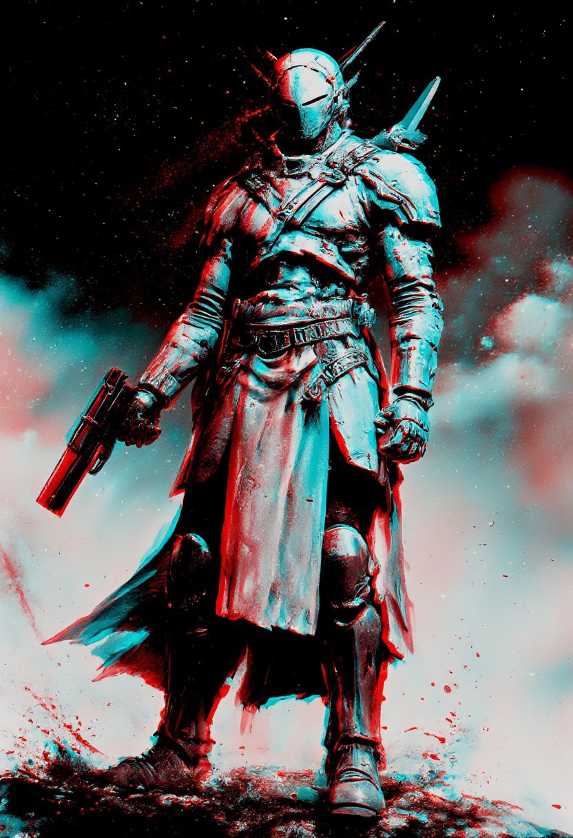 A washed-out, overexposed Anaglyph vision—HK-mecha Native American Sioux outlaw cowboy, a lone gunslinger bathed in bleached neon light, edges dissolving into flickering white burns. His single cyclopean eye glares like a dying sun, lens flaring chaotically, as if reality itself were melting under the weight of his presence. The landscape behind him is a warped fever dream—black holes barely visible through layers of optical distortion, their gravitational pull twisting the film reel itself, fracturing the scene with ghostly light leaks and chaotic chromatic aberration.
His body of interwoven chains—once black and red—now flickers between searing white silhouettes and deep, inverted shadows, as if the filmstock can't decide whether he's real or an afterimage burned into the void.