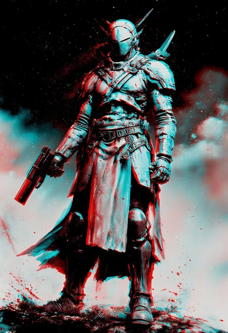 A washed-out, overexposed Anaglyph vision—HK-mecha Native American Sioux outlaw cowboy, a lone gunslinger bathed in bleached neon light, edges dissolving into flickering white burns. His single cyclopean eye glares like a dying sun, lens flaring chaotically, as if reality itself were melting under the weight of his presence. The landscape behind him is a warped fever dream—black holes barely visible through layers of optical distortion, their gravitational pull twisting the film reel itself, fracturing the scene with ghostly light leaks and chaotic chromatic aberration.
His body of interwoven chains—once black and red—now flickers between searing white silhouettes and deep, inverted shadows, as if the filmstock can't decide whether he's real or an afterimage burned into the void.