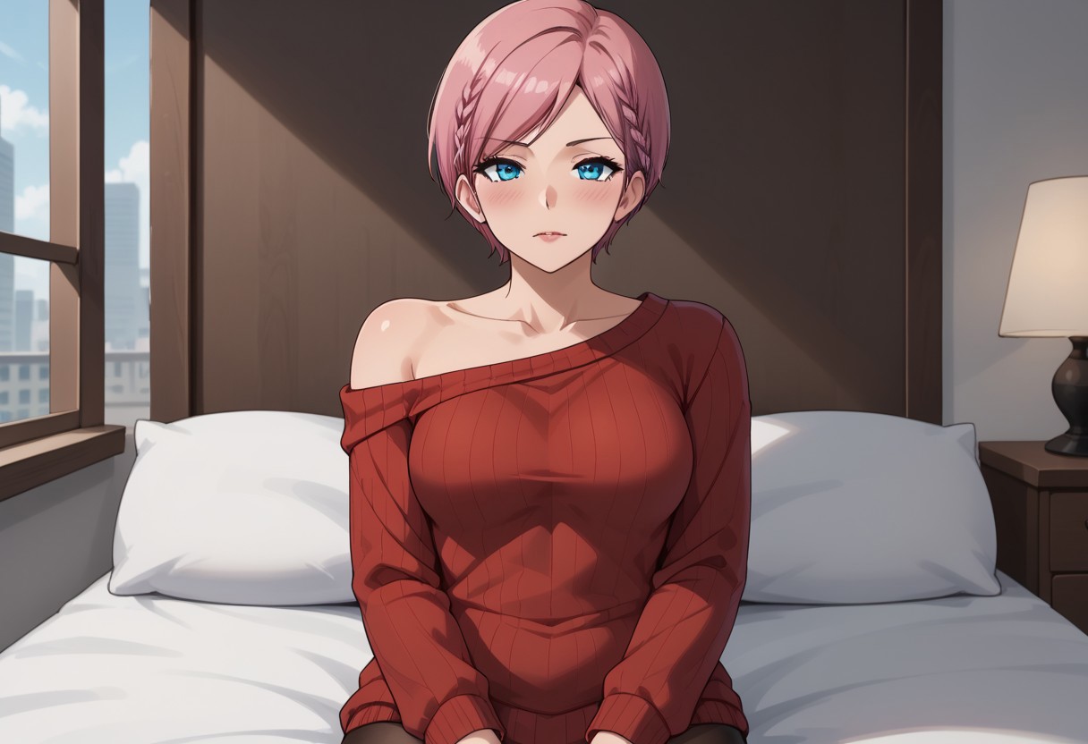 score_9, score_8_up, score_7_up, score_6_up, (1girl ), (solo:1.9 )
BREAK,
HDA_MasterpieceXL_v.1,
BREAK
1girl: <lora:Mother_Kirisu_V:1>, Mother Kirisu,Bokutachi wa Benkyou ga Dekinai, blue eyes, braid, short hair, twin braids, pink hair,older woman,hair down to the nape of the neck,twin braids,serious look, medium breasts  
BREAK, 
bare shoulders,  collarbone, dress, long sleeves, off shoulder, off-shoulder dress, off-shoulder sweater, pantyhose, red sweater, sweater, sweater dress, clothes lift, shirt lift, removing shirt, taking top off, thighs, blush, blushing female, pose sexy, ((lying down))
BREAK
daytime,city , city view, buildings