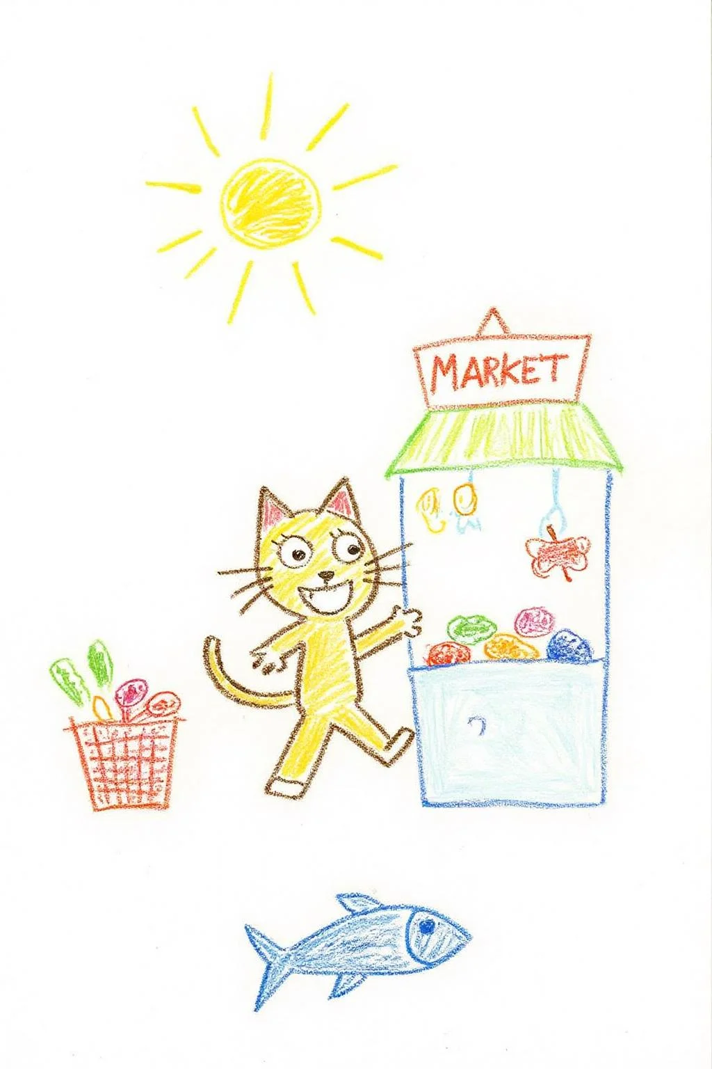 This is a colorful, whimsical drawing, depicting a simple, childlike illustration of a golden tabby stealing a fish, running away in a market. <lora:5yocrayon1_cap_d6a3e12:1.0><lora:822103040484981450:0>