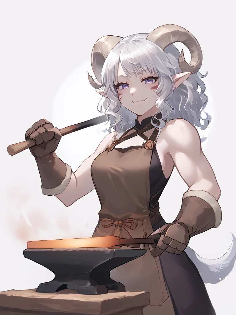 1girl, solo, source_furry, score_7_up, rating_safe, source_anime, anime face, <lora:whisker_markings:0.8>red whisker_markings, silver long wavy hair, short pointy ears, purple eyes, <lora:age_slider_v4:0.6>
<lora:Test_Diana:0.8> tiefling_bard_diana, open eyes,
<lora:Smooth Style 2 SDXL_LoRA_Pony Diffusion V6 XL:0.3> smile, <lora:INKxXmo shaded face:0.4> Shaded FaceINKxXmo Dark Theme, cowboy shot, <lora:Assume_the_position:0.8>
sleeveless, shirt:1.2,body steam, fighting stance, muscular female:0.1,
(((blacksmith_tongs,tongs, holding tongs))), from below,gauntlets, apron, hammer, holding hammer, anvil <lora:anvil:1>