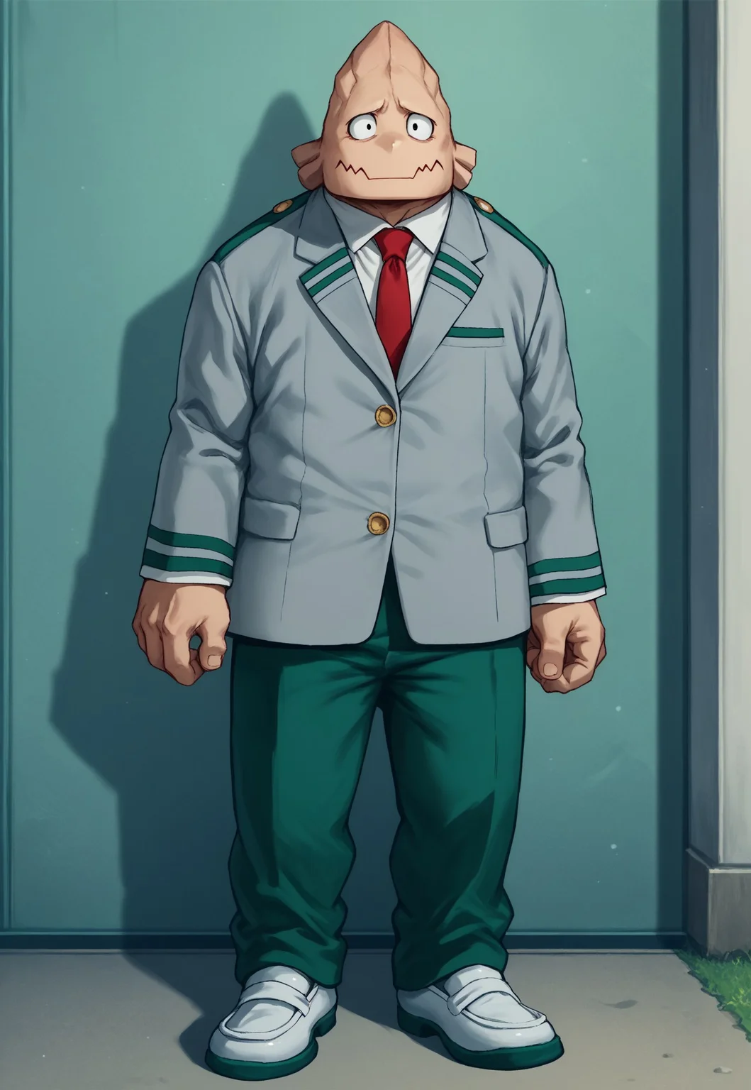 kojikoda, score_9, score_8_up, score_7_up, detailed, solo, full body, 1boy, black eyes, wavy mouth, u.a. school uniform, grey jacket, shirt, red necktie, green pants, shoes