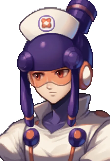 score_9, score_8_up, score_7_up, source_anime BREAK 1boy, solo,
<lora:zs_FEDSPortraitsXL:1> fedsportraits, portrait, white background
<lora:megamanbattlenet_meddy_ponyXL:1> meddyexe, purple hair, red eyes, helmet, nurse cap, tinted eyewear, white dress, purple bodysuit,