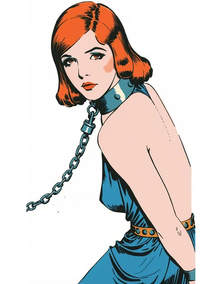 comic illustration, hal foster, a beautiful woman on a leash, she is wearing a collar around her neck, solo, ((flat color)), solo, leaning forward, portrait, metal collar, chain leash, parted lips, dress