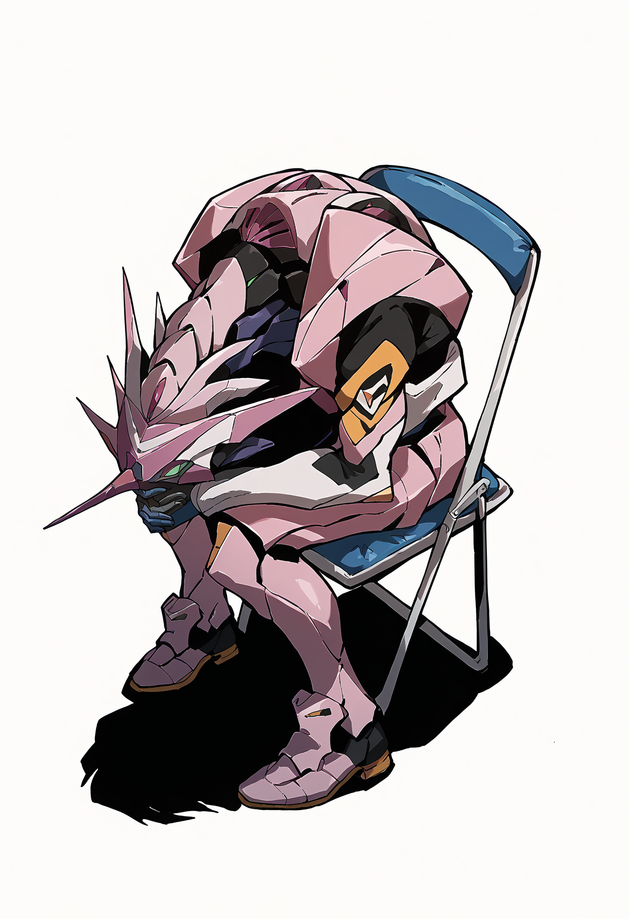 score_9, score_8_up, score_7,   <lora:concept_shinjichair_ponyXL:1> shinjichair, sitting, head down, folding chair, <lora:Degen_EVA_Unit-08_v2-000009:1>  eva unit-08, mecha, no humans,
