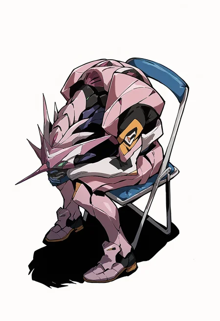 score_9, score_8_up, score_7,   <lora:concept_shinjichair_ponyXL:1> shinjichair, sitting, head down, folding chair, <lora:Degen_EVA_Unit-08_v2-000009:1>  eva unit-08, mecha, no humans,