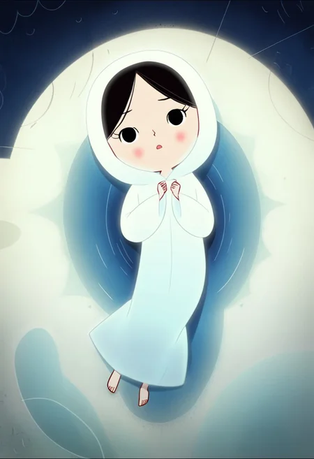 zPDXL3, source_cartoon, Perfect Hands, full body,
1girl, solo, sea bottom, looking at viewer, saoirse, black hair, black eyes, blush, ghost, hood up, robe, barefoot, glowing, lying under the sea, from above, lying on side, facing at viewer, feeling cold, eyes closed, emotionless, open mouth, sleeve past wrist, slim body, long body, highlight cloth wrinkle, anime style face, dark blue background,
<lora:Perfect Hands:1> <lora:Saoirse_-_The_Song_of_the_Sea-000009:1>