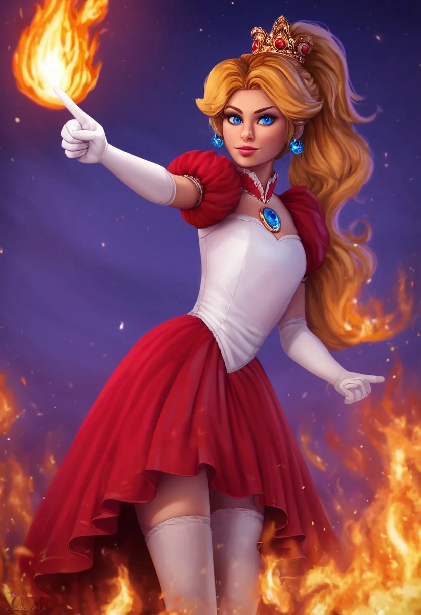 masterpiece, best quality, newest, absurdres, highres, 1girl, <lora:PrincessPeach_NoobAI_Incrs_v1-000012:1>, IncrsPchFire, blue eyes, long hair, ponytail, elbow gloves, white gloves, white dress, red dress, puffy sleeves, puffy short sleeves, brooch, crown, jewelry, earrings, realistic, 
outdoors, looking at viewer, night, dark, fire, fireball, pyrokinesis, Surrounded by flames, foreshortening, finger gun, from below, aiming at viewer, high contrast,