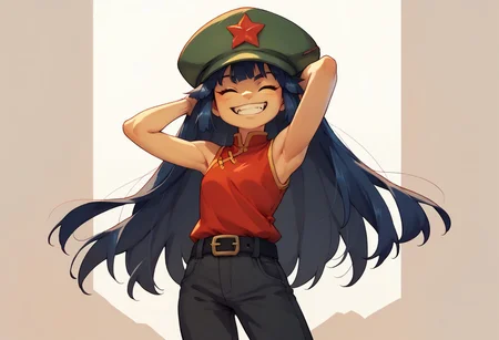 score_9, score_8_up, score_7_up BREAK FangMali, 1girl, dark blue hair, closed eyes, green hat with red star, sleeveless chinese shirt, black belt, black pants, hands behind head, cowboy shot, smiling,