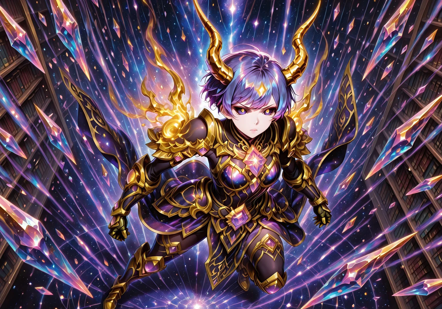 masterpiece, best quality, ultra-detailed, absurdres, 64K, high resolution, concept art, official art, illustration, fantasy illustration, very aesthetic, highly detailed, beyond intricately detailed, stylized, stunning, smooth quality, colorful, digital artwork, abstract, HDR, raytracing, high contrast, dramatic shadows, depth of field, glow, ornate design, sharp focus, highly detailed face, (full-body, wide shot, full character in frame, centered in frame, from distance:1.4), character-focused scene, strong facial expression, (face not emphasized:1.2), (not a close-up:1.3), strong colors, BREAK,
(action shot, wide angle, camera from above, full view:1.2),
(1girl, tall slender hourglass body, colored scelera, black sclera, heterochromia glowing purple and gold eyes, (cosmic purple pixie cut hair:1.4), on the right side of her head sits a single golden demon horn, realistic detail fantasy shimmering iridescent Gold combat armored Robe, bulky gold gauntlets boots and shoulders, (no helmet:2), (Gold is multiple shades and purities), (large glowing amethyst crystals adorn the bottom of her shoulders with another much more intricate one floating above them magically attached), The rest of her armor has much smaller glowing amethyst crystal shards accenting all of the beautiful gold, a cosmic purple magic array surrounds her, Action-combat stance, dynamic pose) in (medieval fantasy library, wide shot, grand magical library environment in frame, bookshelves visible:1),