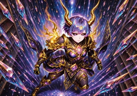 masterpiece, best quality, ultra-detailed, absurdres, 64K, high resolution, concept art, official art, illustration, fantasy illustration, very aesthetic, highly detailed, beyond intricately detailed, stylized, stunning, smooth quality, colorful, digital artwork, abstract, HDR, raytracing, high contrast, dramatic shadows, depth of field, glow, ornate design, sharp focus, highly detailed face, (full-body, wide shot, full character in frame, centered in frame, from distance:1.4), character-focused scene, strong facial expression, (face not emphasized:1.2), (not a close-up:1.3), strong colors, BREAK,
(action shot, wide angle, camera from above, full view:1.2),
(1girl, tall slender hourglass body, colored scelera, black sclera, heterochromia glowing purple and gold eyes, (cosmic purple pixie cut hair:1.4), on the right side of her head sits a single golden demon horn, realistic detail fantasy shimmering iridescent Gold combat armored Robe, bulky gold gauntlets boots and shoulders, (no helmet:2), (Gold is multiple shades and purities), (large glowing amethyst crystals adorn the bottom of her shoulders with another much more intricate one floating above them magically attached), The rest of her armor has much smaller glowing amethyst crystal shards accenting all of the beautiful gold, a cosmic purple magic array surrounds her, Action-combat stance, dynamic pose) in (medieval fantasy library, wide shot, grand magical library environment in frame, bookshelves visible:1),