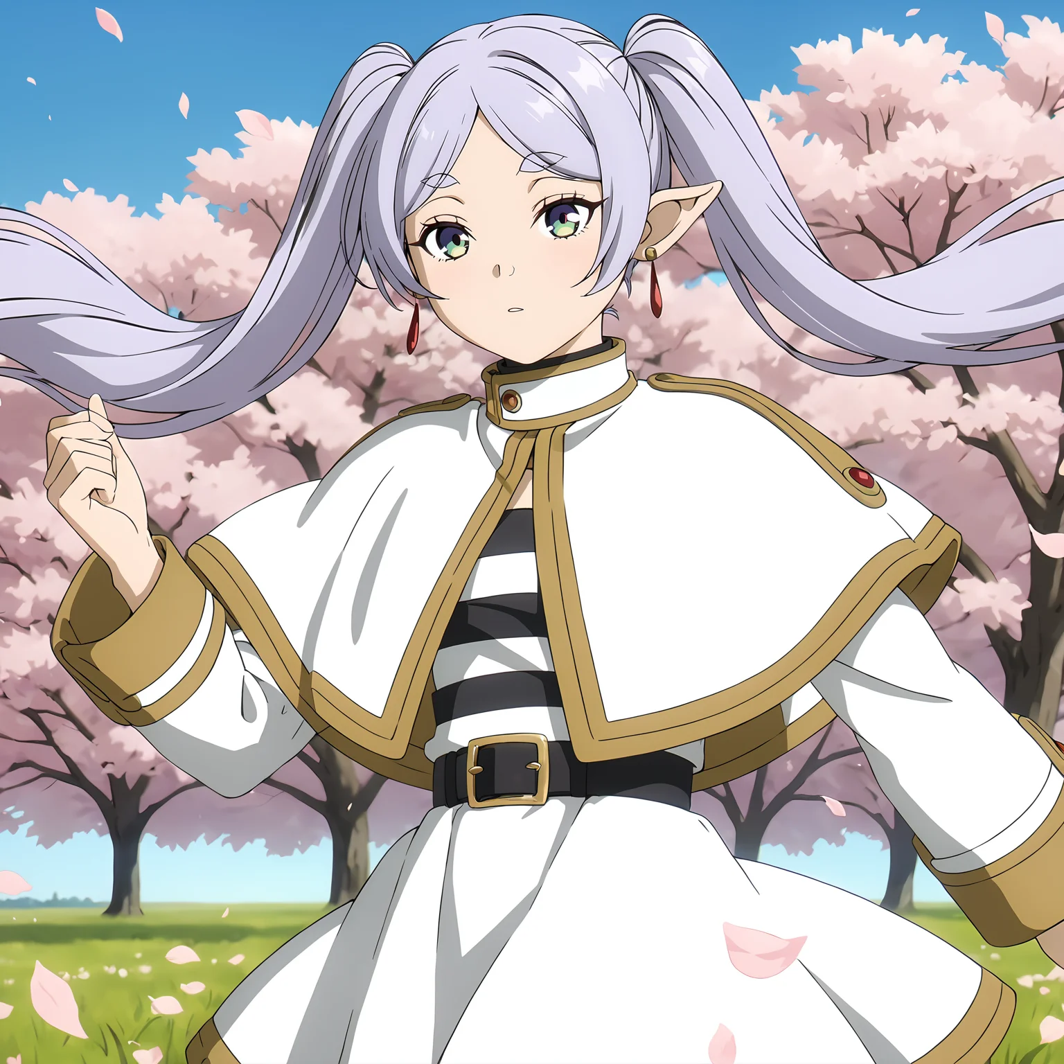 <lora:FrierenXL004>,<lora:DetailedEyes_V3:1.6>,
solo,
anime screencap,
best quality,masterpiece,
Frieren,1girl,light purple hair,twintails,multicolored eyes,earrings,
capelet,jacket,striped shirt,
belt,skirt,
pantyhose,
petal,wind,sky,sunbeam,