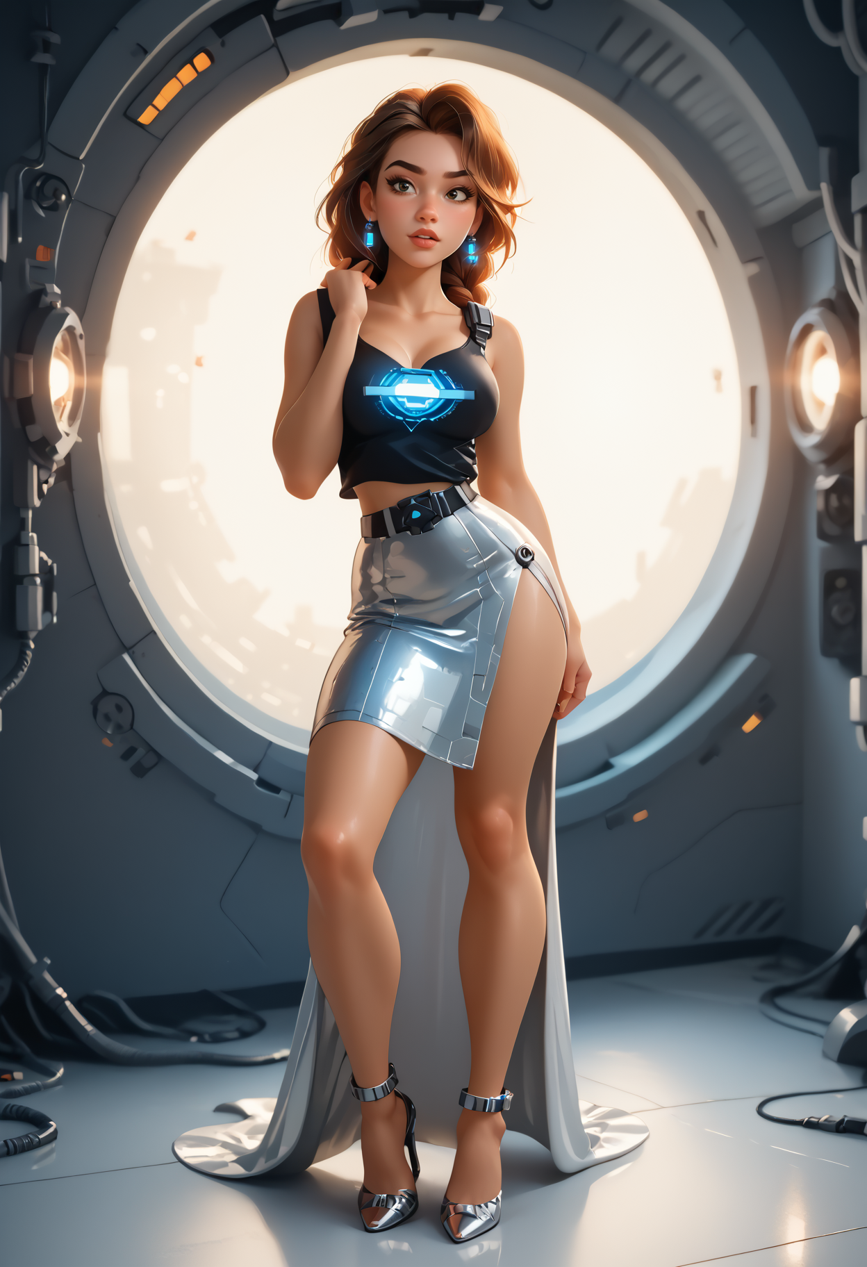 zPDXL2, source_cartoon, BREAK, semirealistic, 1girl, (slightly above:1.25), ((science fiction)), spacecraft, breasts together, Expressiveh, (revealing clothes:1.2), female zero-point energy researcher, hive mind- coordinated entities exhibiting synchronized movements and a shared visual connection, youth, curvaceous, berber, chestnut eyes,   cleft chin,    oval face shape,    , dark brown crown braid hair, amusement,
 holding a weapon or energy blade for combat challenges.,
  wearing  quantum-linked skirt, iridescent haptic feedback tank top, graphene ankle strap heels,  , striking a pose while powering on or activating an android body., quantum-powered city of tomorrow, reinforced concrete,cob,quantum computing building brains, oil lamps,gas lanterns, downlighting, 43stl1ght1ng, low light, dramatic lighting, darkness, backlighting, perezstyle, DisneyStyleXLP,   <lora:detailed_notrigger:1>  <lora:PP3r3zXL:0.57> <lora:Expressive_H:0.8>  <lora:shadmanreal-guy-PONY-DORAv1:0.75> <lora:DisneyStudios_style:0.65>  <lora:Round_Breasts_XL_XV7:0.35> <lora:43stl1ght1ngXLP2:0.6>  <lora:Dynamic Poses:1>