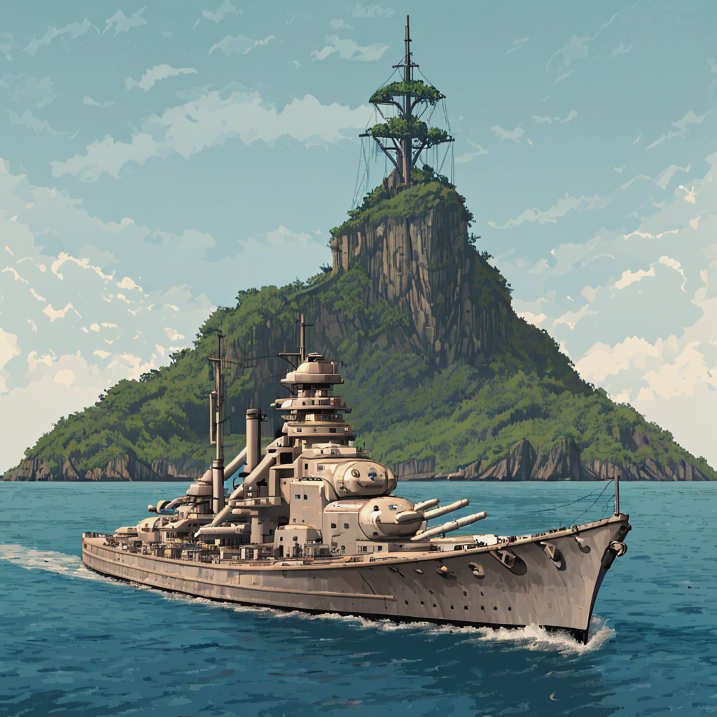 bsmrck battleship is sailing past tropical islands and coral reefs, ((pulp_comic, heavy_lines, hand_drawn, hand_inked, hand_colored, apxlz))