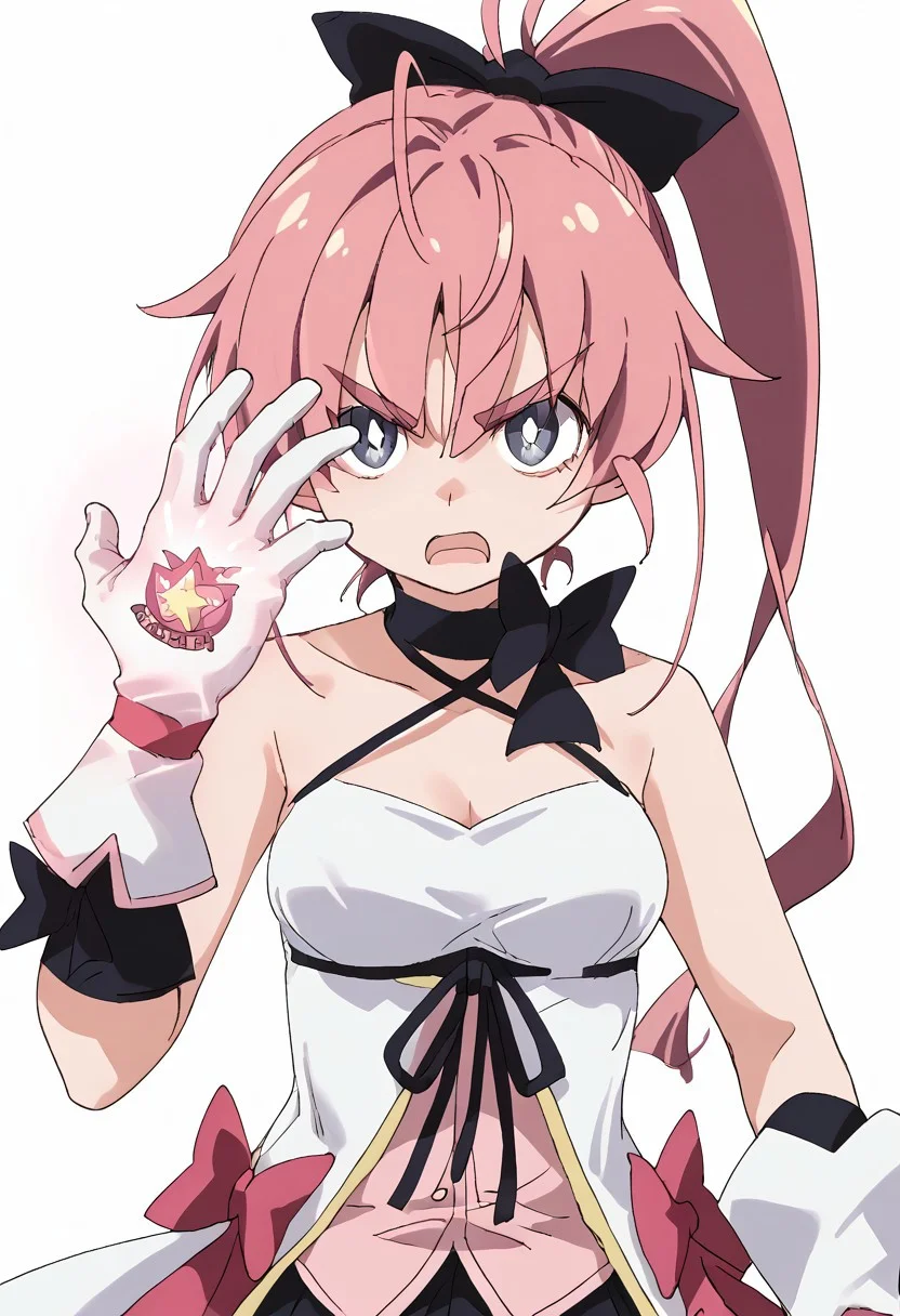 looking at viewer,hand on hip,
white background,simple background,
open mouth, serious, upper body,
1girl,solo,
<lora:Lilustear-000009:1>,lilustear,magical girl,white pupils,bright pupils,hair bow,long hair,black bow,pink hair, white gloves,gloves,skirt,ponytail,, score_9,score_8_up,score_7_up,source_anime,best quality,masterpiece,uncensored,detailed background,<lora:add-detail-xl:0.8> shyai_fin, hand up, glowing hand, open mouth, print gloves,