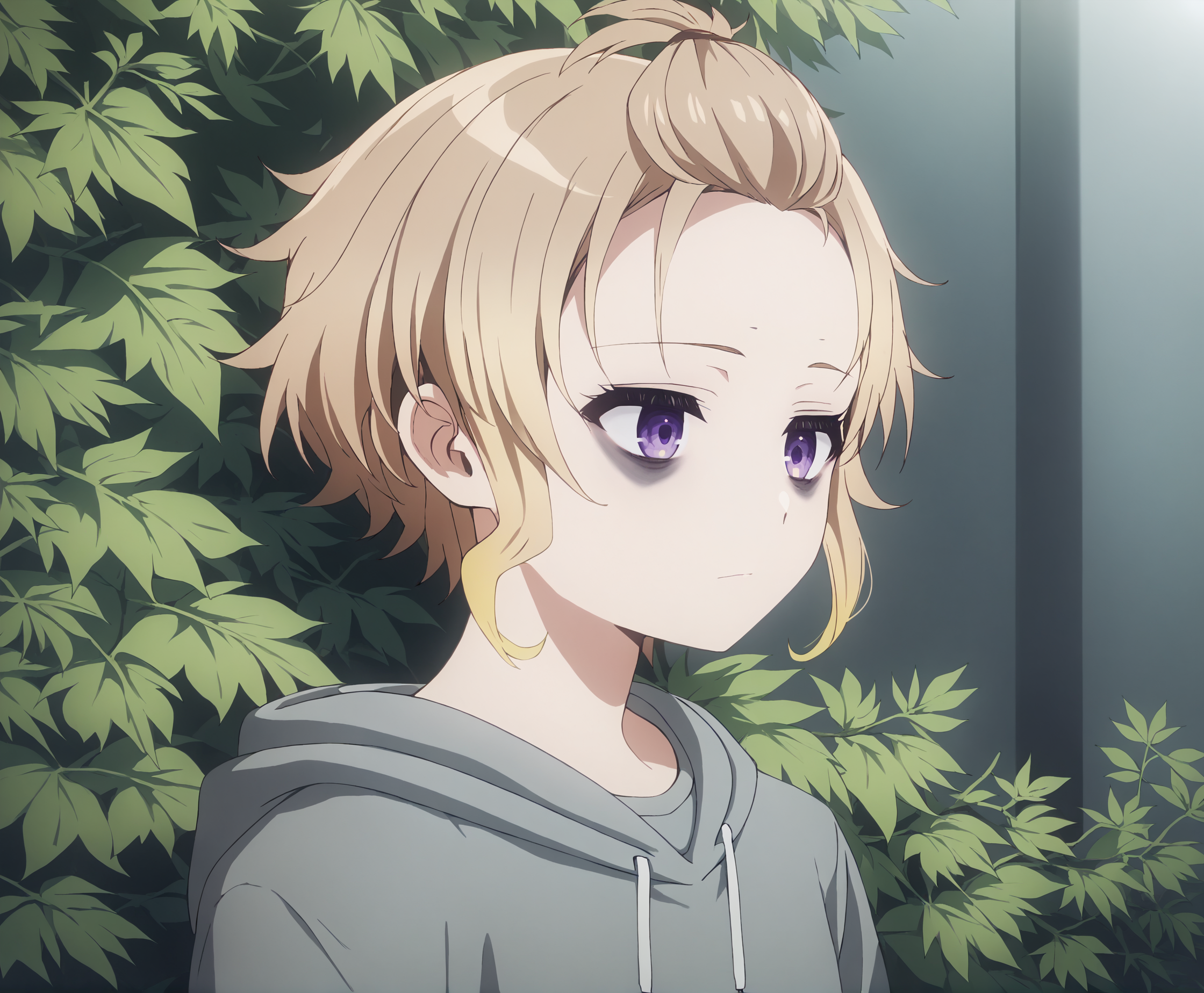 score_9, score_8_up, score_7_up, highres, hi res, best quality, masterpiece, 2d, intricate details, 4k, anime coloring, shadow, uncensored,
1girl, solo, female, short hair, shirt, blonde hair, purple eyes, multicolored hair, gradient hair, forehead, bangs pinned back, brown hair, sidelocks, bags under eyes,
hoodie, grey hoodie, long sleeves, grey shirt, shirt,
cowboy shot, looking at another, upper body,
outdoors, forest, bushes, branches, foliage, <lora:Mirei_Asaka1024_Pony:1>