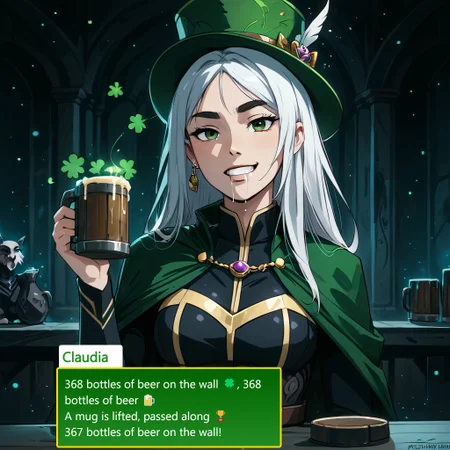 score_9, score_8_up, score_8, medium breasts, (ultra realistic,32k, masterpiece:1.2), (high detailed skin:1.1), (high quality:1.1),
(upper body, portrait:1),
ShamrockWorld, clover, four-leaf clover, light particles, solo,
corset, long sleeves, collared dress, solo, face beet red, eyes barely open, drooling slightly, head resting on the bar, mug fallen over, beer all over the table, hair messy, goofy drunken grin, barely awake, (top hat), holding, belt, cup, no humans, holding cup, alcohol, mug, green headwear, hat feather, beer, beer mug, clover, four-leaf clover, green cape, green capelet,
volumetric lighting, mood lighting, low lights, soft light, hazy, intricate details, rating_explicit, (ultra realistic, 32k, masterpiece:1.2), (high detailed skin:1.1), (high quality:1.1), bokeh, luminescent background, zPDXL, ral-cltc, Expressiveh, Claudia Dragon Prince, White hair with a dark streak, Green eyes, Fair skin with rosy cheeks, Thick eyebrows, Golden-accented black and gray outfit, Black and brown belt with purple gemstone, Claudia,