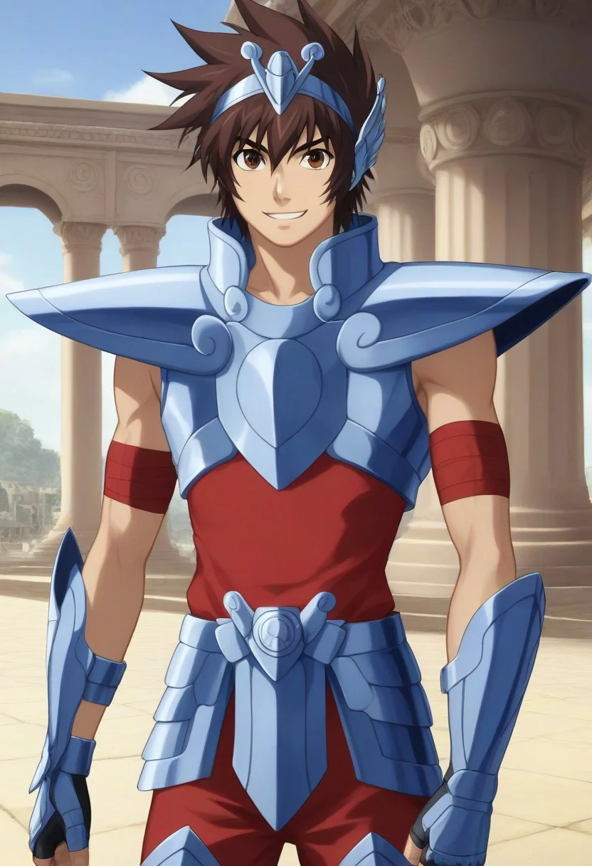 ((masterpiece)), ((best quality)), ((ultra-detailed)), ((absurdres)), score_9_up, score_8_up, score_7_up,
HD, top quality, best quality, amazing quality, High-quality illustrations, anime screencap, source_anime, best aesthetic, perfect proportions, perfect eyes, 1boy, 1male, solo boy, solo male, male focus, solo male focus, Anime, boy, male anime character, anime boy, handsome, cute, charming, sexy, good-looking, ((lean body, toned body, slim waist, small waist)), Pegasus Tenma, brown hair, brown eyes, sleeveless red bodysuit, red armbands, headpiece, Saint Seiya armor, silver-blue armor, ((head to hips shot, cowboy shot)), ((front view, front shot, view from front, looking at viewer)), ((smile)), ((Ancient Greece, Greek Temple, temple pillars)), easynegative, updn, Expressiveh, masterpiece, best quality, very aesthetic, absurdres