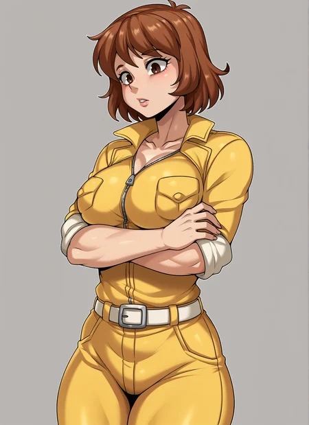 score_9, score_8_up, score_7_up, BREAK,<lora:JMG style PonyXL:0.9>, 1girl, solo, large breasts, cowboy shot, simple background, <lora:add-detail-xl:.5>, parted lips, april o'neil, short brown hair, brown eyes, yellow jumpsuit, sleeves rolled up, white belt