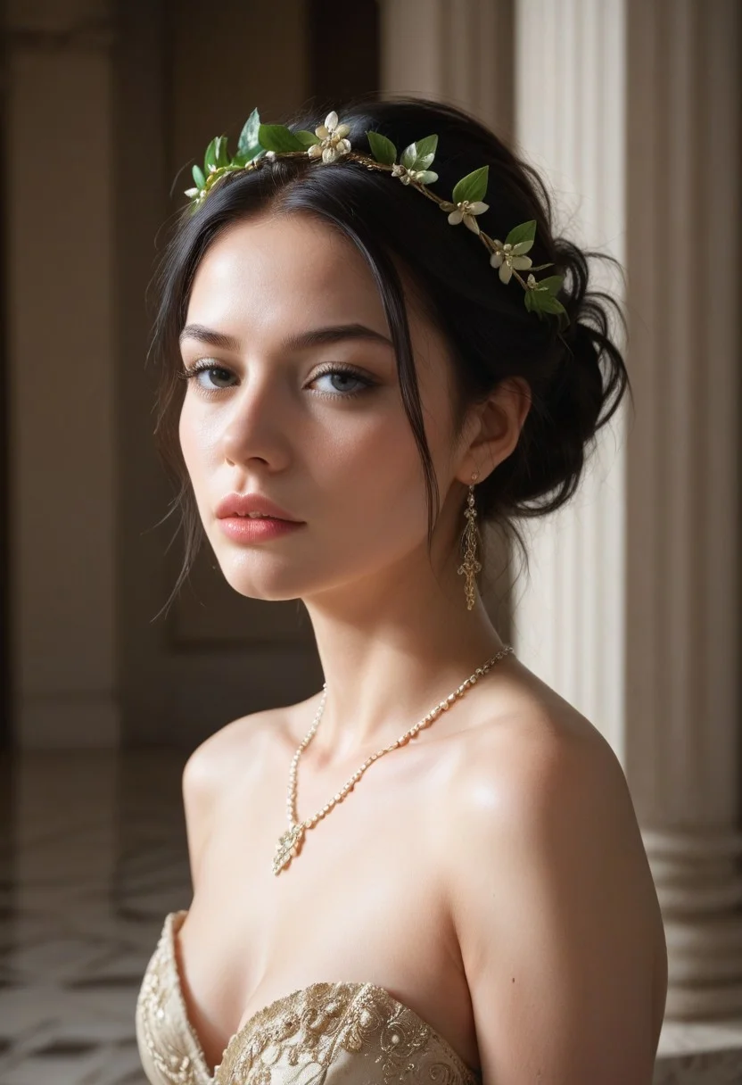 beautiful, masterpiece, ((score_9), score_8_up, score_7_up), score_6_up, royal, laurel wreath, black hair, tied hair, year 1650, formal court attire,
volumatric lighting, in a palace, bright lighting,
expressiveH