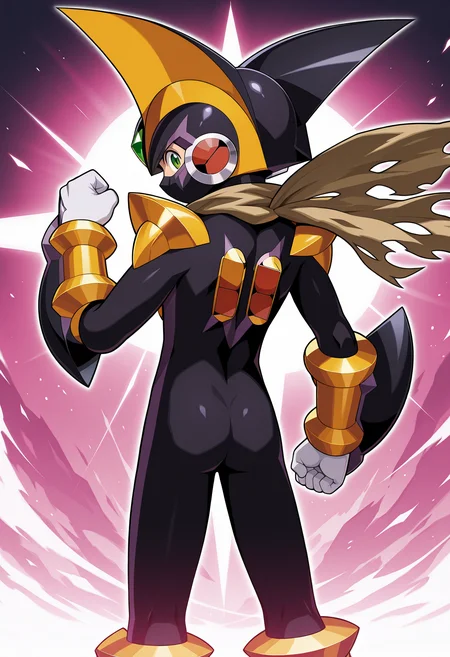 masterpiece,best quality,amazing quality,bass.exe \(mega man\),megaman.exe,double soul \(mega man\),gold basscross,solo,1boy,gloves,male focus,white gloves,from behind,scarf,armor,shoulder armor,bodysuit,helmet,clenched hands,black bodysuit,torn scarf,mouth mask,forehead jewel,official art,<lora:BassCrossMegaMan_V2:1>,looking_back,hand up,green eyes,(netnavi:1.2),