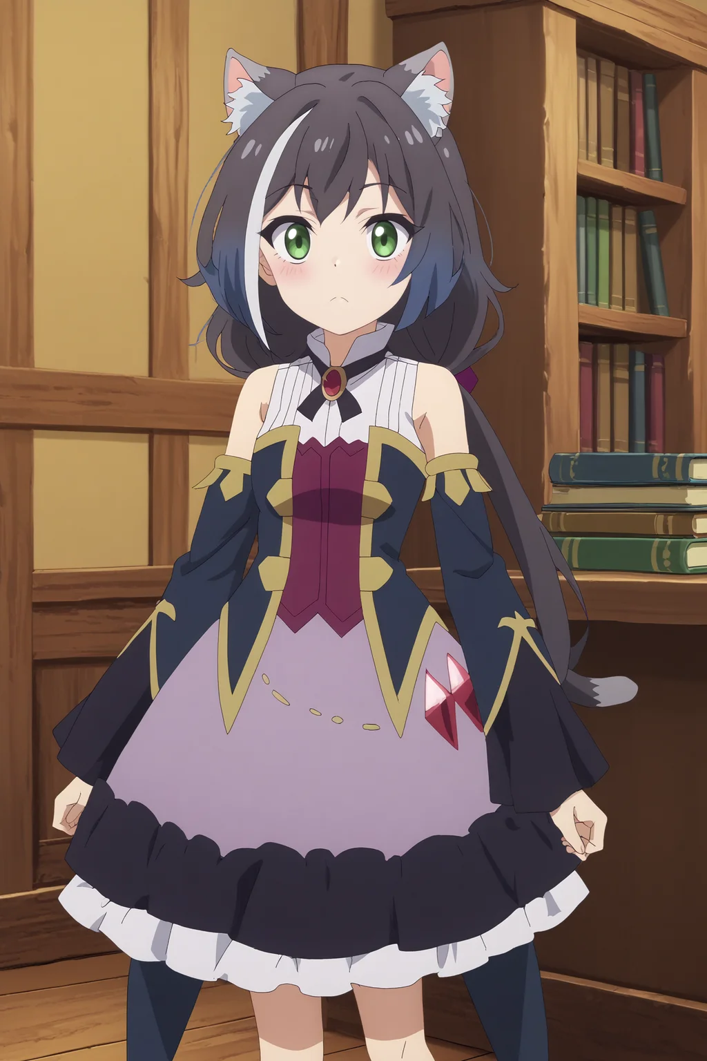 karyl,1girl,solo,animal_ears, multicolored_hair, streaked_hair, cat_ears, animal_ear_fluff, cat_girl, white_shirt, long_hair, detached sleeves ,looking at viewer,tail,cat tail, standing, BREAK indoors,library,bookshelf <lora:Karyl_-_Princess_Connect_ReDive.safetensors:0.9> <lora:detailed_backgrounds_v2.safetensors:0.6>,