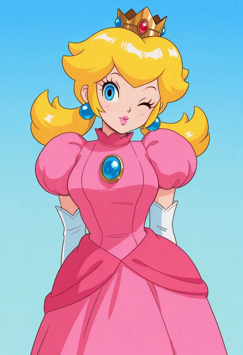 nintendo, official art, retro artstyle,
best quality, masterpiece, amazing quality, very aesthetic, absurdres,
1girl, solo,
cowboy shot,
princess peach \(mario\),
blonde hair, lotails, blue eyes, pink lips,
dress,
looking at viewer, smile, one eye closed,
blue background, gradient background, white outline