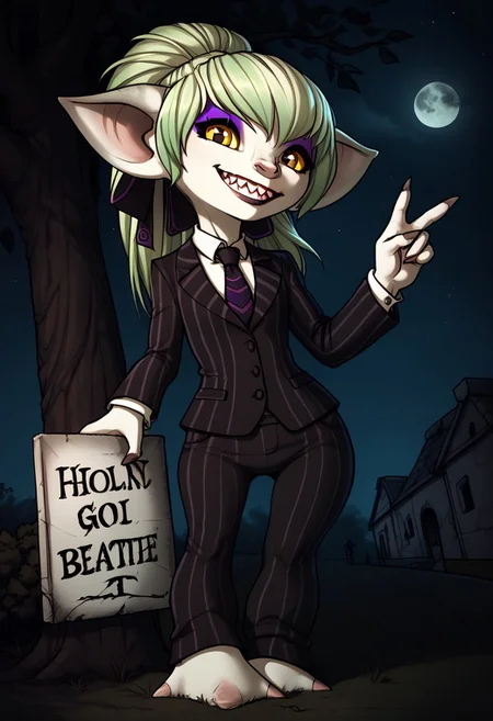 score_9,source_anime,face,shortstack, full body score_9,shortstack,1girl, flat chest, short stature,big pointed ears, hair bow, wide hips,pale skin, three large toes, looking at viewer,
outdoor, tombstone in the background , bats in back , eerie , night time , moonshine , low light
(1girl,sura, Female, Guild Wars, detailed face, detailed eyes , highly detailed, sharp teeth ),Guild Wars 2,asura_(guild_wars), low grin , smile, looking at viewer ,
suit, standing, jacket, pinstripe pattern, large black and white vertical stripes, long sleeves, necktie, green hair, pants, shirt, striped, formal, poltergeist vibes, beetlejuice beetlejuice beetlejuice , open arm pose , purple eyeshadow ,
(( holding a white sign )),