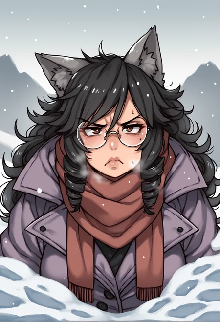 score_9, score_8_up, score_7_up, source_furry, by kipteitei, wolf female woman, wolf ears, grey ears, brown eyes, round pupils, curled hair, ,very long black hair, lips, wolf tail,curvy, purple coat, snow, ice, cold, glasses, annoyed, scarf <lora:SyMix_Pony_v3_a01:.5> <lora:Pony_DetailV2.0:.5>, snow on face, BREAK, a wolf girl during a snowball fight,