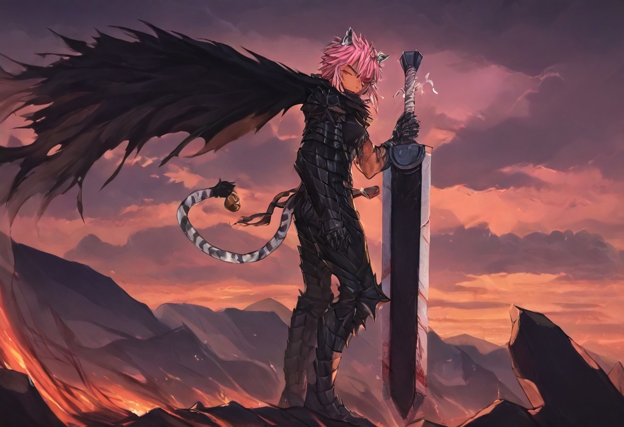 masterpiece, very aesthetic, anime screenshot, 1girl, Pink_PonyXL, DragonSlayerSword-Il.V1.0, black armor, shoulder armor, gauntlets, greaves, bandaged arm, black cape, torn cape, bright pink hair, cat ears, scar on nose, one eye closed, cat bell around neck, tanned, white tiger tail, small breasts, scowling, standing, looking at viewer, side view, wielding-dragonslayer, huge weapon, sword, holding sword, holding weapon, full body
Break
City of hyrule on fire, at night