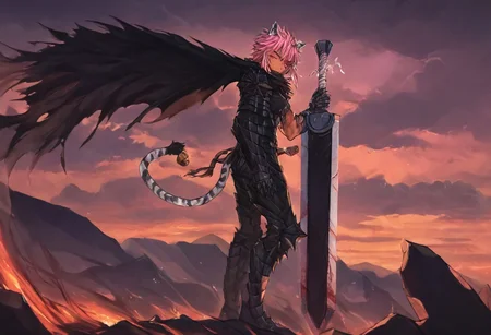 masterpiece, very aesthetic, anime screenshot, 1girl, Pink_PonyXL, DragonSlayerSword-Il.V1.0, black armor, shoulder armor, gauntlets, greaves, bandaged arm, black cape, torn cape, bright pink hair, cat ears, scar on nose, one eye closed, cat bell around neck, tanned, white tiger tail, small breasts, scowling, standing, looking at viewer, side view, wielding-dragonslayer, huge weapon, sword, holding sword, holding weapon, full body
Break
City of hyrule on fire, at night