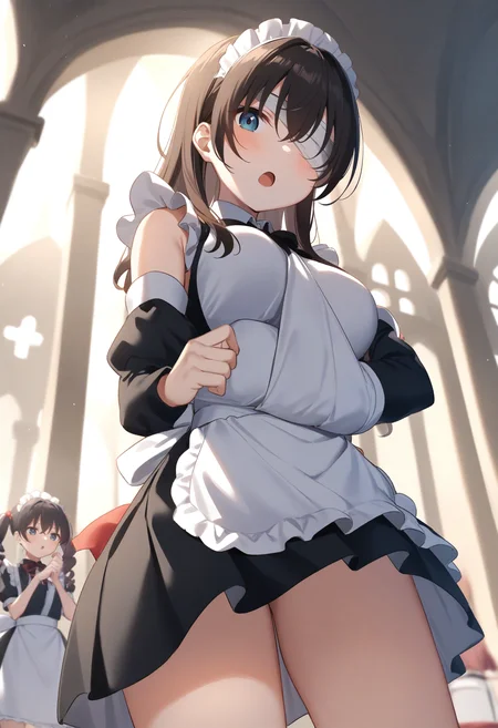 1girl,sincos, ningen mame, toosaka asagi,solo,large breasts, maid, maid headdress, detached sleeves, miniskirt, 20yo,
arm sling,<lora:armsling_XL_v1:0.8>bandaged head ,
from below, wide shot, looking to the side, brown hair, black eyes,facepalm, abbey, open mouth, drill hair,,
best quality, very aesthetic, absurdres