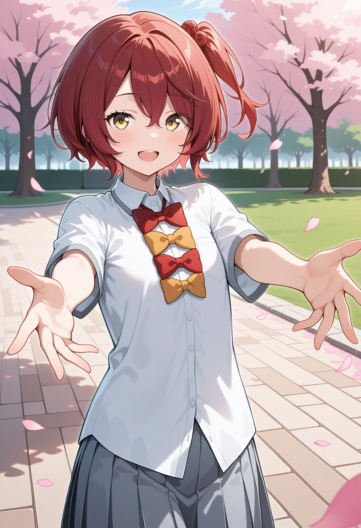 aakomari, short hair, red hair, one side up, hair bobbles, school uniform, red bow, yellow bow, collared shirt, white shirt, untucked shirt, short sleeves, pleated skirt, grey skirt, <lora:komari_chika_ilxl_v1:0.9>, solo, standing, cowboy shot, outdoors, park, smile, open mouth, reaching, petals,
ultra-detailed, masterpiece, newest, best quality